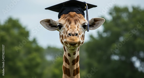 Giraffe Wearing Graduation Cap in Outdoor Setting Celebrating Academic Achievement
