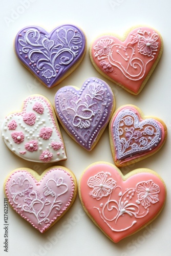 Colorful heart-shaped cookies with intricate icing patterns for valentine's day