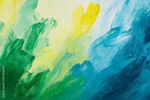 Photo of Many rough green and yellow smears of acrylic oil paint on flat surface. Detailed photo textured background