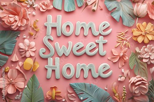 Home sweet home lettering art with floral decoration, pastel flowers and leaves on pink backdrop, interior design concept