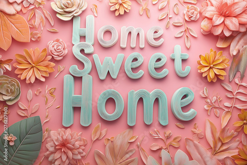 Home sweet home lettering art with floral decoration, pastel flowers and leaves on pink backdrop, interior design concept