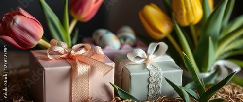 Festive springtime display with gift boxes, easter eggs, and vibrant tulips in pastel hues.