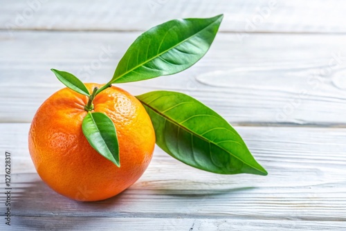 Juicy Fresh Orange with Green Leaves on White Background - Stock Photo