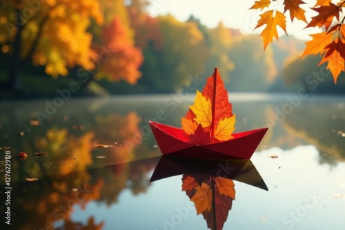 A crimson paper boat adorned with autumn leaves serenely floats on a tranquil pond, mirroring the vibrant hues of the surrounding fall foliage.