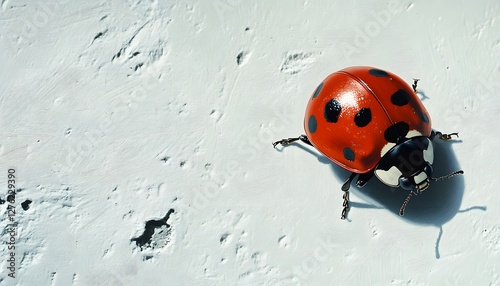 Ladybug with black spots crawls on rough white surface photo