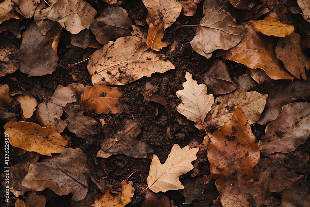 A ground covered in fallen autumn leaves and soil A ground covered in fallen autumn leaves and soil