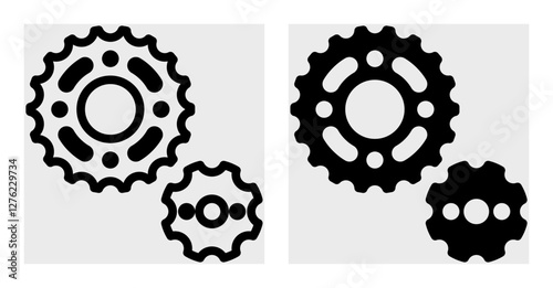 Detailed icon of interlocking cogwheels, representing mechanical movement and precision. Suitable for engineering, industrial, or automotive-themed projects, including branding and web design.  