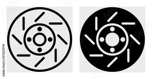 Stylized icon of a ventilated motorcycle disc brake. The line-art and solid-fill versions provide versatility for use in posters, manuals, and digital content related to motorcycle maintenance. 