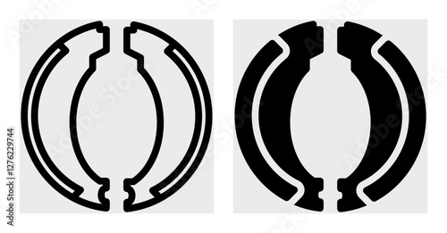 Minimalist black-and-white icon of drum brake shoes, essential for motorcycle braking systems. Designed in a simple, clean style, making it ideal for automotive-related graphics, repair shop branding.