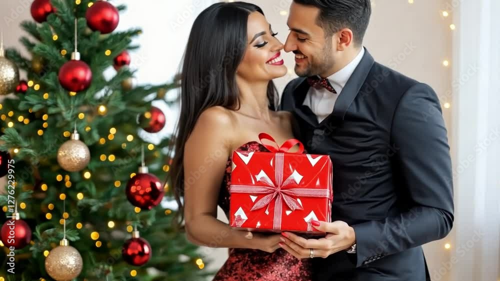 Festive Affection: A couple shares an intimate moment of affection in front of a brightly decorated Christmas tree, with a wrapped gift symbolizing the spirit of giving and love. Festive Affection: A couple shares an intimate moment of affection in front of a brightly decorated Christmas tree, with a wrapped gift symbolizing the spirit of giving and love.