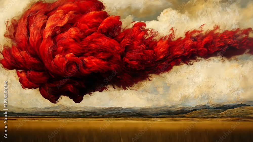 Dramatic red cloud formation emerges over a serene landscape at sunset