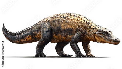 Armored reptile walking on all fours on a white background