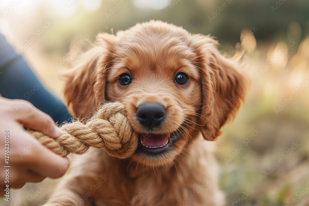 Golden retriever puppy biting a rope toy in a park Golden retriever puppy biting a rope toy in a park