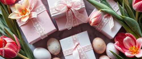 Elegant gift boxes with ribbons and delicate tulips, paired with decorated eggs. Perfect for celebrations.