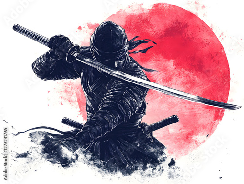 A lone ninja warrior wielding a katana against a vibrant red sun