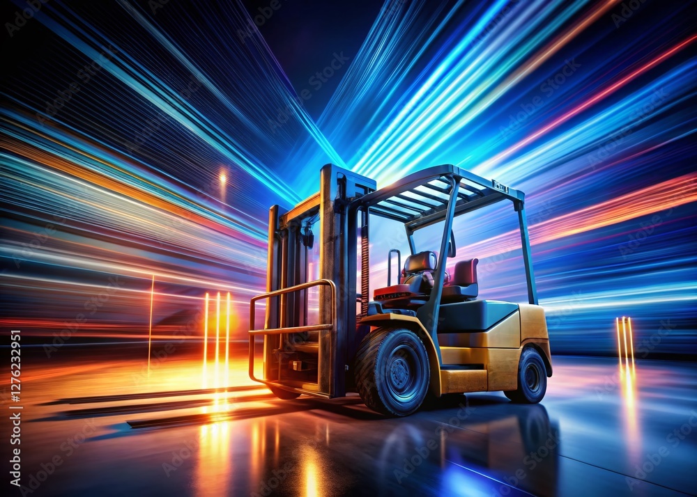 Long Exposure Photo of a Forklift Moving in 3D Virtual Space - Industrial Motion Blur Long Exposure Photo of a Forklift Moving in 3D Virtual Space - Industrial Motion Blur