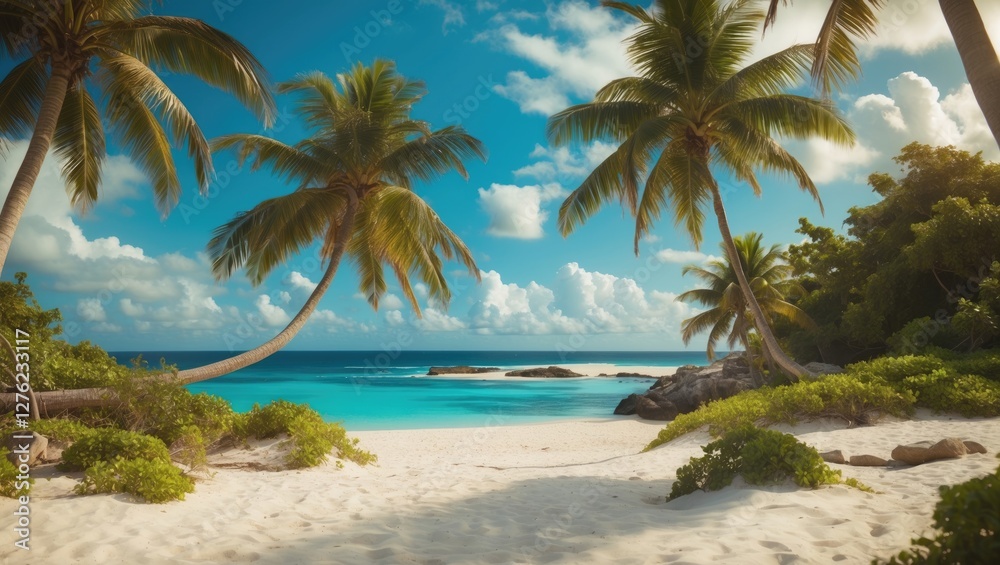 Caribbean beach scene featuring palm trees and pristine white sand under a bright blue sky with ample space for text or overlay. Caribbean beach scene featuring palm trees and pristine white sand under a bright blue sky with ample space for text or overlay.