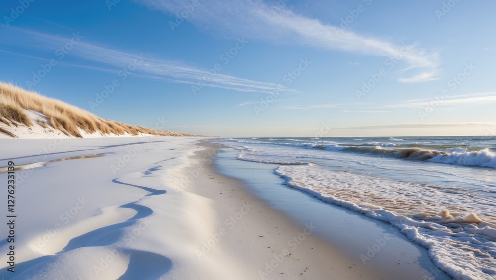 Winter Beach Landscape with Soft White Sand and Gentle Waves Under a Bright Blue Sky Winter Beach Landscape with Soft White Sand and Gentle Waves Under a Bright Blue Sky