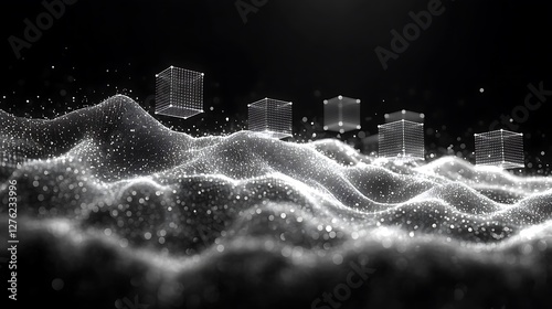 Abstract digital landscape with floating cubes