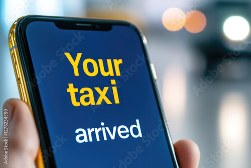 Minimalist mobile notification alert for taxi arrival concept, close up view for modern transport design