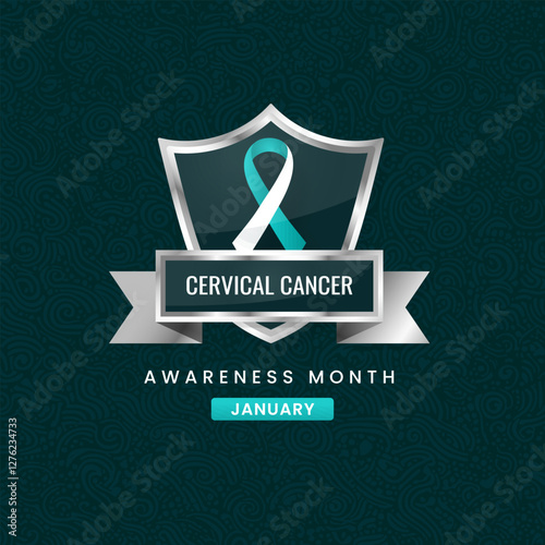 A Teal or turquoise ribbon, the symbol of International Cervical Cancer Awareness Month, displayed on a silver shield with a floral background.