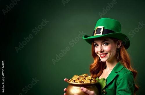 St. Patrick's Day. Attractive woman in Leprechaun costume looks at the camera, green hat, woman holding a pot of gold coins. Selective focus, blurred background. Copy space.