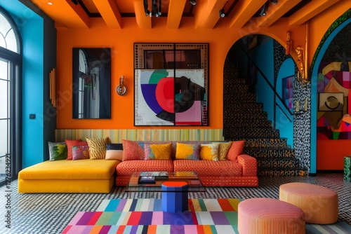 Modern interior design showcasing vibrant colors and geometric patterns in living room