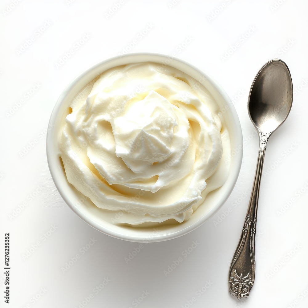 Creamy Whipped Topping in White Bowl with Spoon. Creamy Whipped Topping in White Bowl with Spoon.