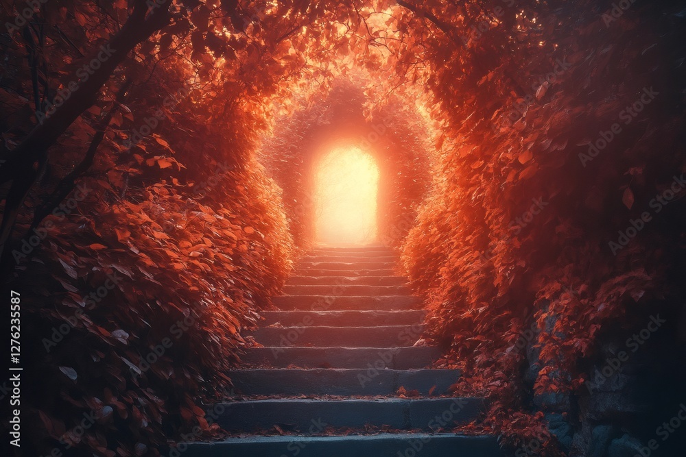 Fototapeta premium Stairway to heaven leading through lush orange foliage illuminated by bright light