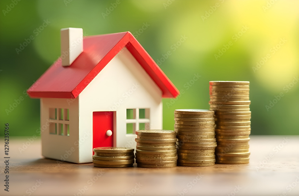 Model house with stacks of coins, symbolizing real estate investment and financial growth for homeowners and investors . Selective focus, blurred background. Model house with stacks of coins, symbolizing real estate investment and financial growth for homeowners and investors . Selective focus, blurred background.