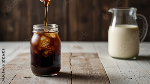 Cold brew coffee with milk on white wooden table