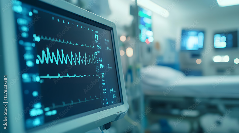 Hospital Room with Medical Monitoring Equipment Displaying Vital Signs Hospital Room with Medical Monitoring Equipment Displaying Vital Signs