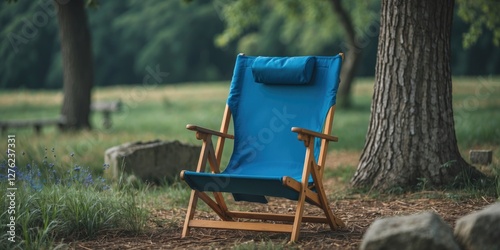 Lone blue picnic chair in a serene outdoor setting surrounded by trees and nature with space for text or branding copy. photo