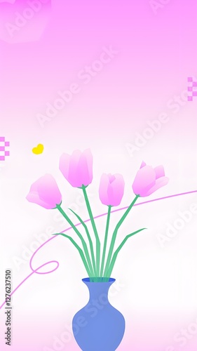 Illustration of pink tulips in blue vase on pastel pink backdrop. Ideal for greeting cards, scrapbooking, book art, wallpapers. 