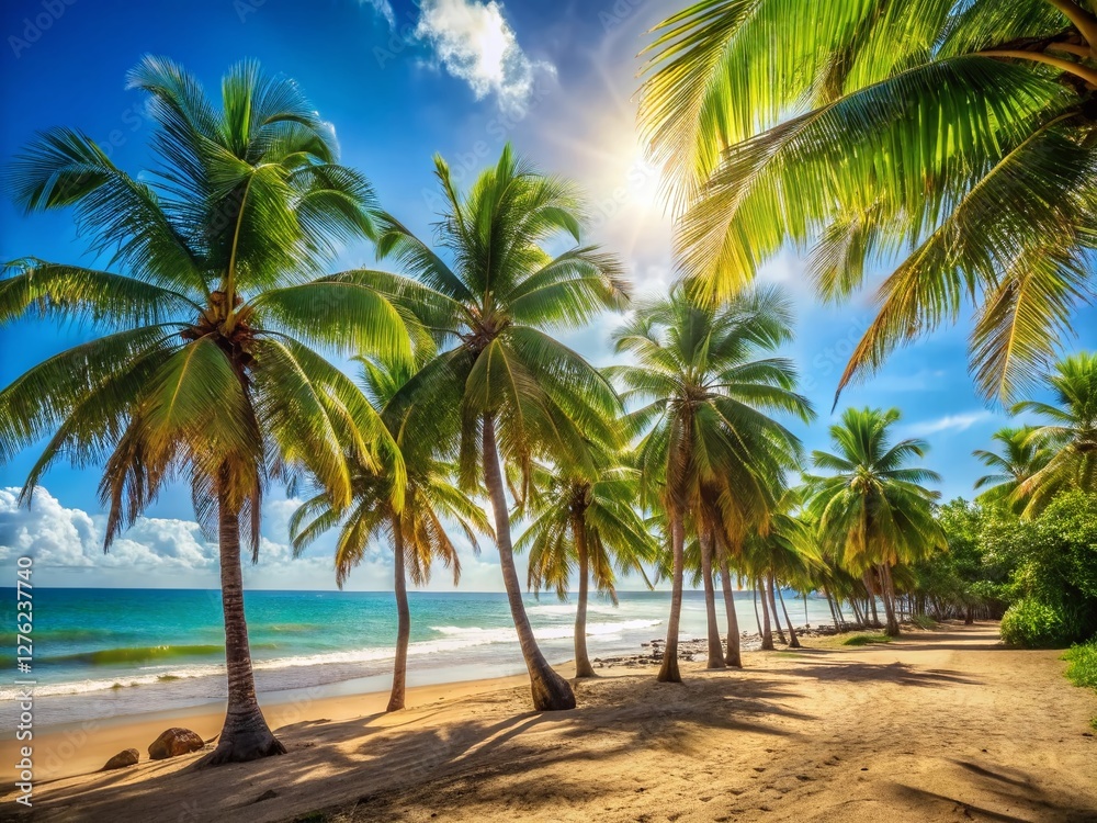 Obraz premium Lush Tropical Paradise: Vibrant Coconut Palm Trees on a Sunny Beach