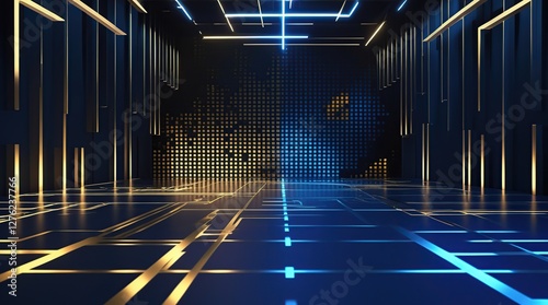 A dark blue and gold noise effect background with neon light shadows blends into the base background featuring a pixelated backdrop