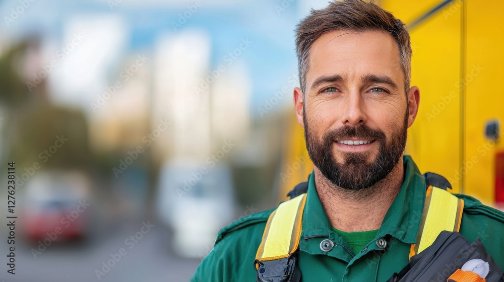 Portrait of a smiling male paramedic in a green uniform, standing outdoors near a yellow ambulance. He has a beard and short brown hair. The background is blurred, showing an urban setting. Portrait of a smiling male paramedic in a green uniform, standing outdoors near a yellow ambulance. He has a beard and short brown hair. The background is blurred, showing an urban setting.