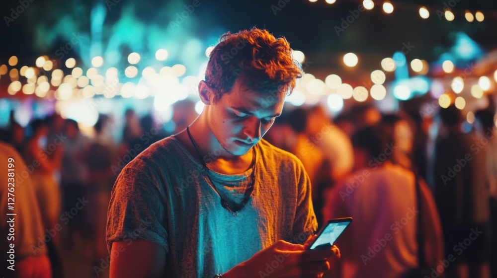 Obraz premium Social media rumors affecting a man at a music festival. Featuring distraction and frustration
