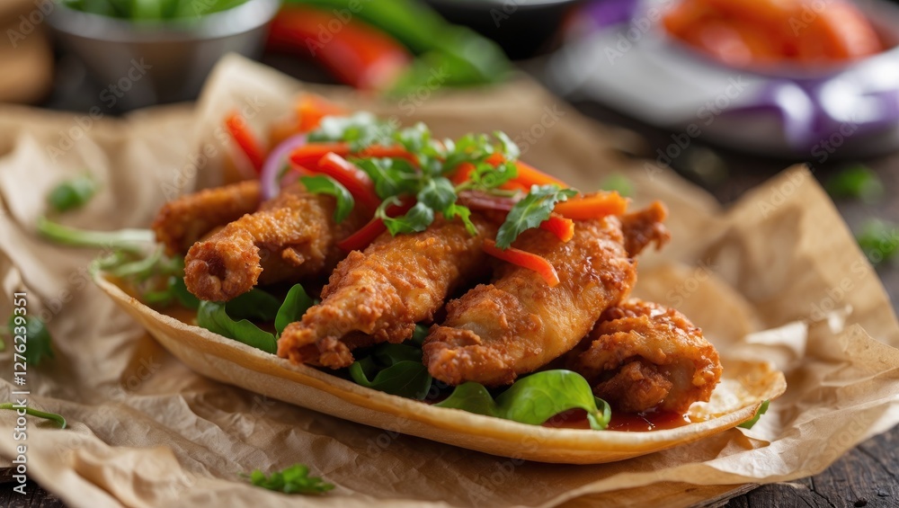 Crispy Fried Chicken Wings on a Bed of Fresh Greens with Colorful Vegetables Crispy Fried Chicken Wings on a Bed of Fresh Greens with Colorful Vegetables