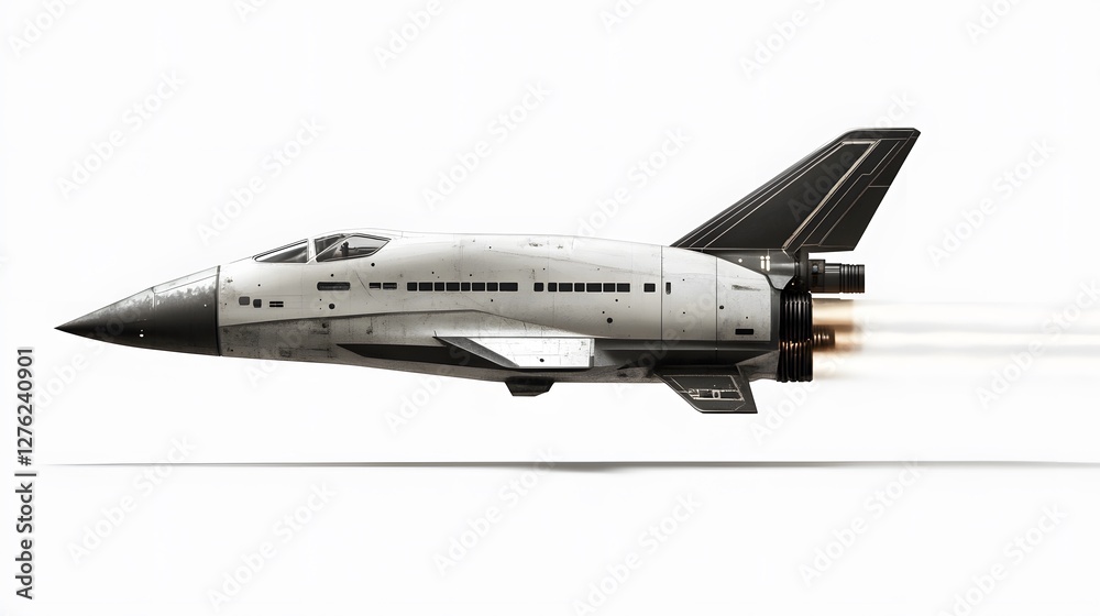 Futuristic space plane soars through air leaving a trail Futuristic space plane soars through air leaving a trail