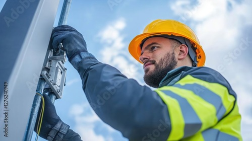Technician installing telecommunications equipment on a tower while wearing safety gear under a blue sky during the day in a technology-focused environment photo