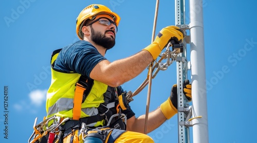 Skilled Technician Working on Installation of Telecommunications Satellite Dish on a Tower Under Clear Blue Sky photo