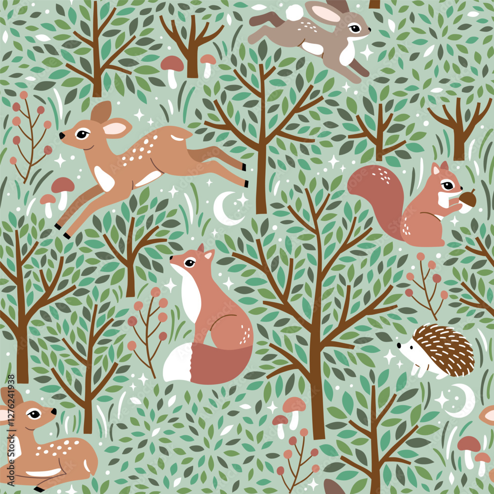 Fototapeta premium Seamless vector pattern with cute woodland animals. Hand drawn fawn, rabbit, fox and hedgehog with trees. Perfect for textile, wallpaper or print design. EPS10 vector file.