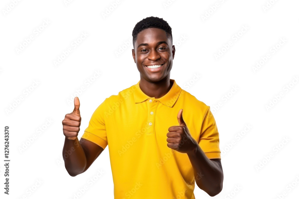 smiling afro man in yellow t-shirt showing thumbs up symbolizing success or agreement isolated on white or transparent png smiling afro man in yellow t-shirt showing thumbs up symbolizing success or agreement isolated on white or transparent png