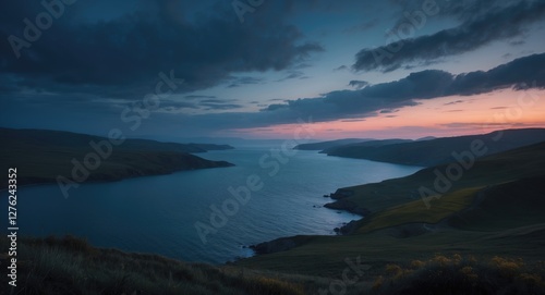 Serene Twilight Over Coastal Landscape with Last Glimmers of Sunset Silhouetting Hills and Calm Waters