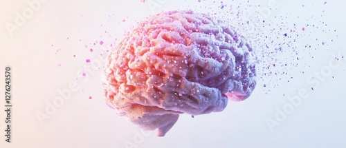 An abstract digital brain made of pixelated shapes, pastel colors, and a white background. A 3D render with a minimalistic style. --ar 100:43 --v 6.1 Job ID: bf784243-cc07-4e28-8a3a-4a577c81fd44