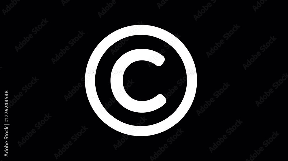 Icon copyright is distorted. Glitch. Noise, chromatic aberration, geometric distortion. Transparent background, looped. In-Out looped. Alpha BW at the end