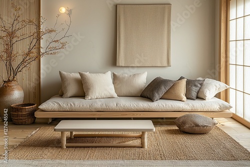 Wallpaper Mural Minimalist, modern Scandinavian interior design in the living room of a house with a sofa and table. Generative AI
 Torontodigital.ca