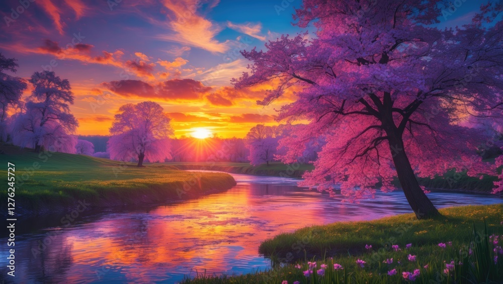 Obraz premium Serene Spring Sunset Over River Surrounded by Blooming Trees and Reflection in Water for Tranquil Nature Scene