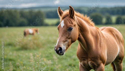 Close-up of a young flaxen foal in a green meadow with gentle sunlight and blurred background of other horses grazing in the distance.